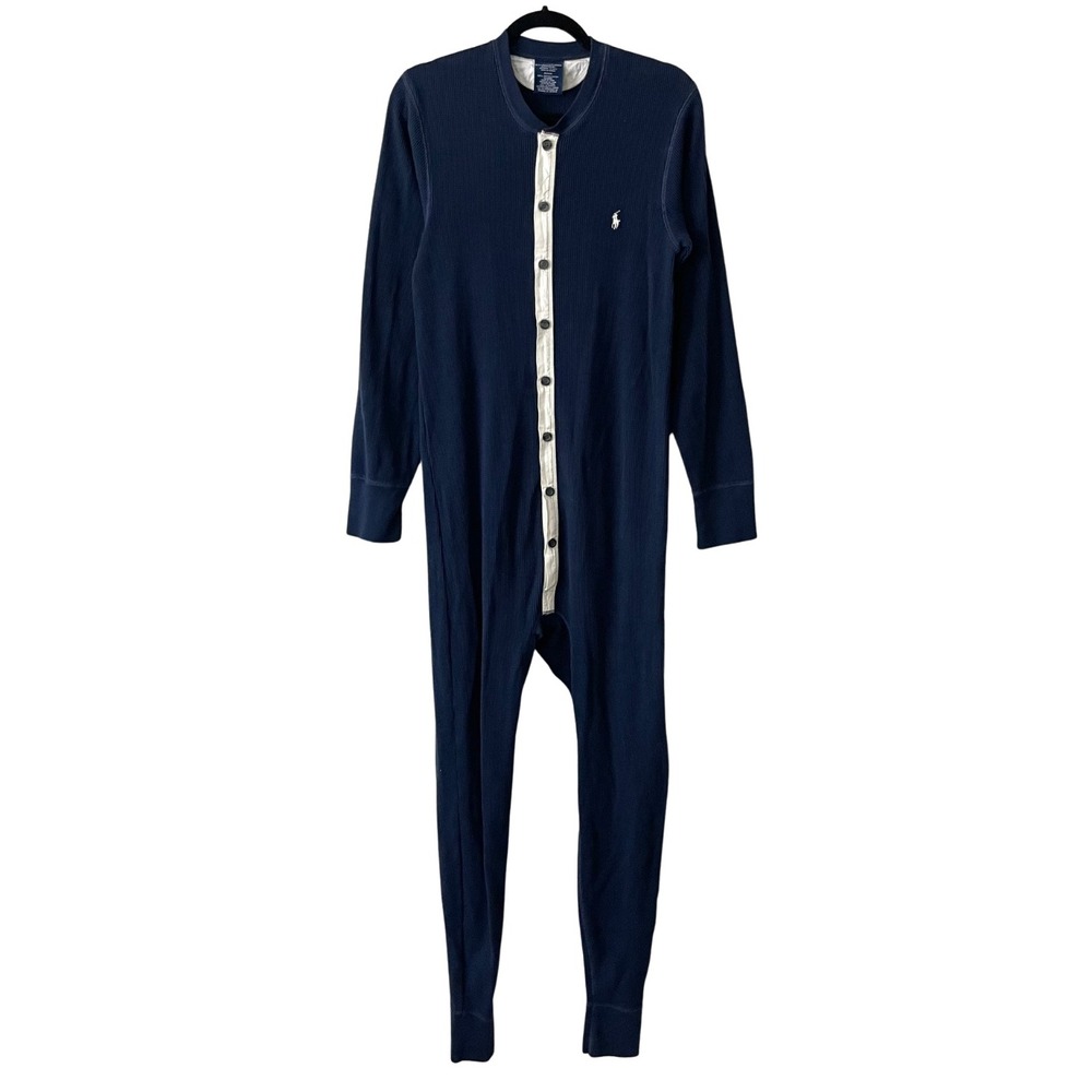 Polo Ralph Lauren Waffle Knit Thermal One Piece Pajamas Mens Medium Navy Cotton